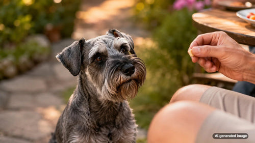 Dog looking hopefully at a guest during a meal while practicing polite behavior at home