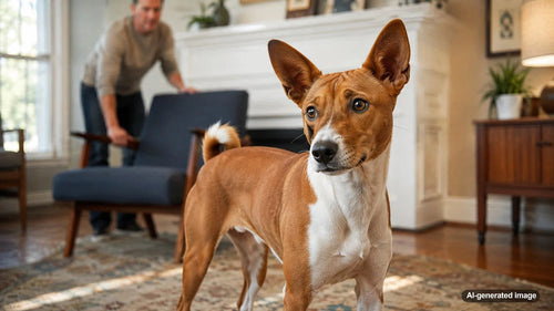 Dog adjusting calmly to a newly rearranged living room with moved furniture
