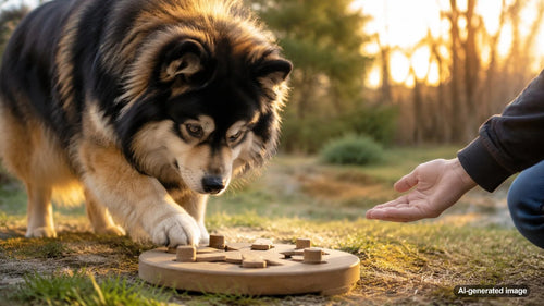 Dog learning to use a puzzle toy with patient guidance and treats