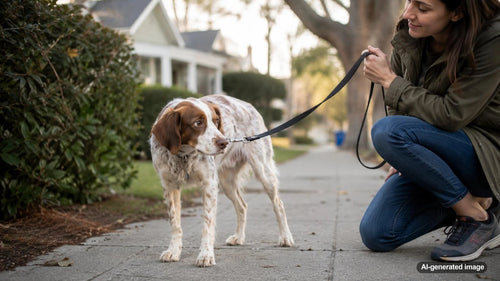 Dog owner calmly helping a nervous dog feel more confident during a neighborhood walk