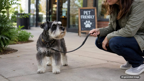 Dog staying close to its owner during a calm training visit inside a pet-friendly store