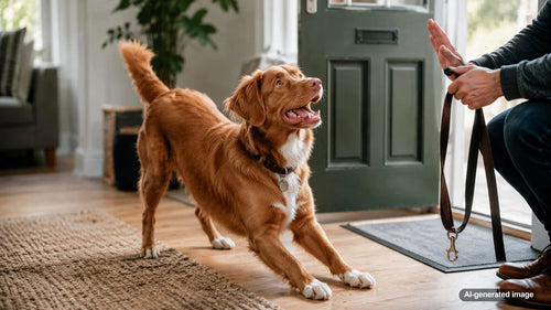 Happy dog sitting calmly with a leash before going on a walk