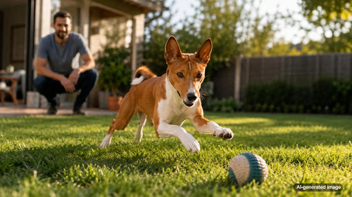 Dog enjoying an independent enrichment toy while its owner watches nearby