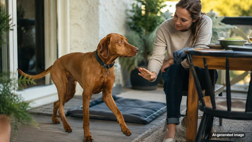 Dog pacing near a family dining table while dinner is being served