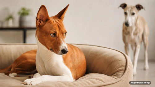 Two dogs calmly sharing space at home with a caring dog parent nearby