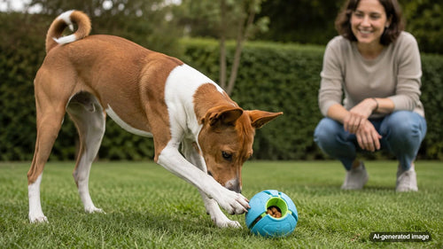 Dog enjoying independent enrichment play at home with a toy nearby