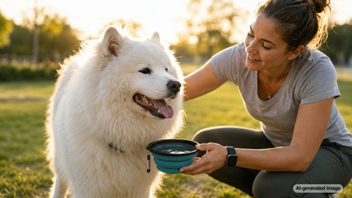 A fluffy dog staying comfortable during warm weather play outdoors