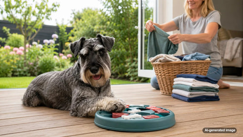 Dog enjoying an enrichment activity nearby while its owner folds clean laundry