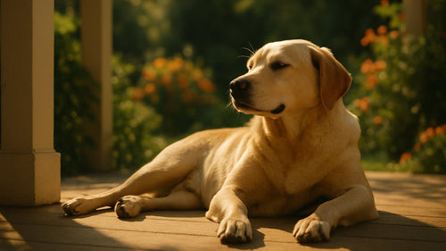 A relaxing scene of a dog unwinding with calming products