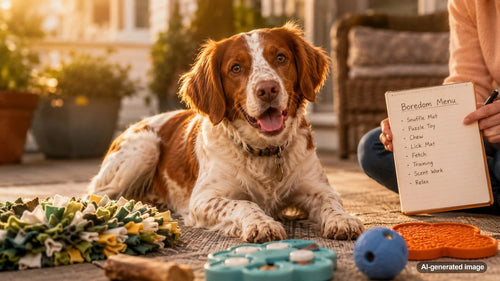Dog owner choosing enrichment activities from a boredom menu for their dog