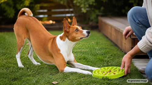 Dog enjoying a slower, calmer enriched mealtime routine
