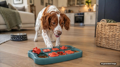 Dog enjoying an engaging mealtime enrichment activity with food