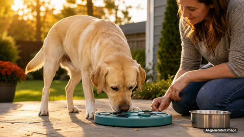 Labrador enjoying a mentally enriching mealtime with an interactive slow feeder