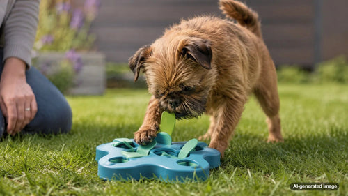 Small toy breed dog engaging with a puzzle toy during enrichment play