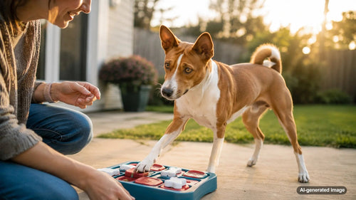 Independent dog enjoying a fun training game with enrichment rewards