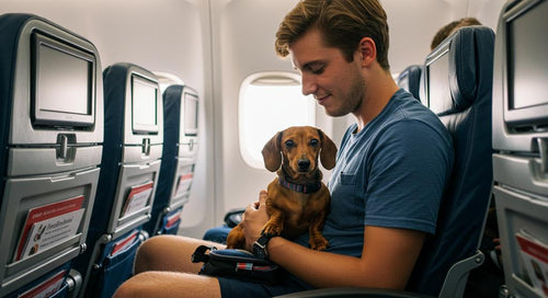 Dog in travel crate with toy preparing for air travel
