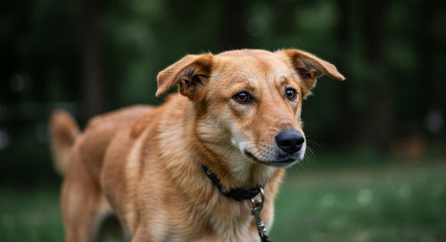 A concerned dog displaying signs of stress, such as tucked tail and pinned-back ears