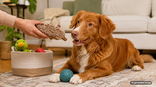 Dog toys organized for a simple weekly toy rotation routine