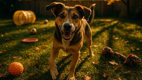 A dog happily playing with interactive toys to prevent boredom