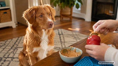 Dog waiting calmly while an owner prepares an enrichment activity