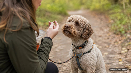 Dog owner checking a treat before offering it to a dog with a sensitive stomach