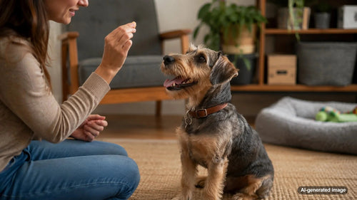 Dog happily participating in a positive training session with their owner