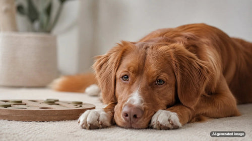 A relaxed dog resting after mentally stimulating enrichment and play