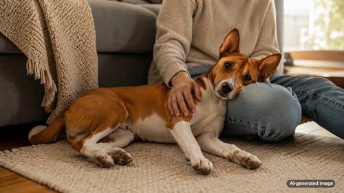 Happy dog relaxing with their owner as a sign of trust and comfort