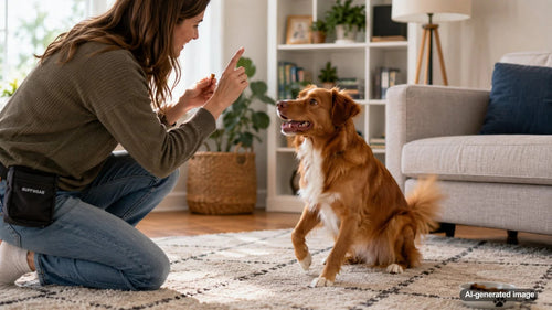Dog learning bilingual training commands with a dog parent using rewards