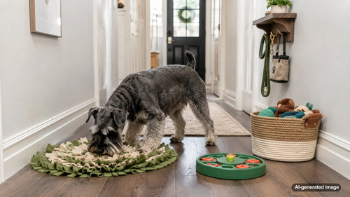 Dog exploring an indoor enrichment course with toys and activities arranged along a home hallway