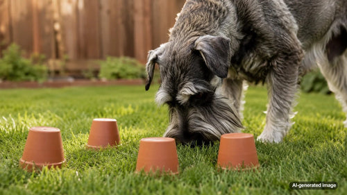 Dog using its nose to search for hidden treats during an indoor scent game
