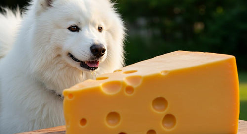 A happy dog eagerly looking at a piece of cheese, illustrating the topic 'Is Cheese Ok for Dogs?'