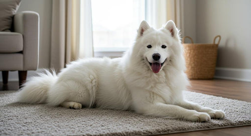 Dog laying on couch looking sleepy with Woof Pupsicle nearby