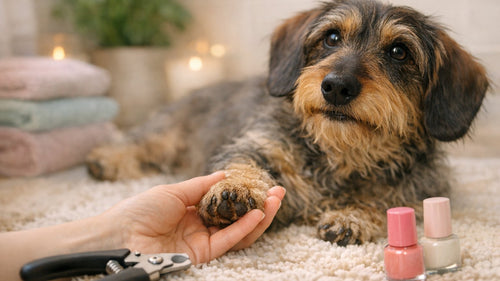 Calm dog receiving a stress-free pawdicure with enrichment toys nearby