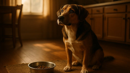 Dog looking at uneaten food bowl