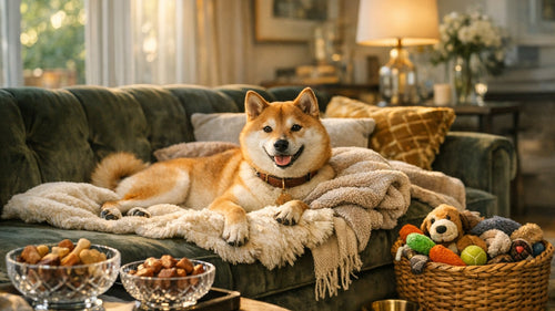 Happy spoiled dog enjoying enrichment toys and treats from Woof