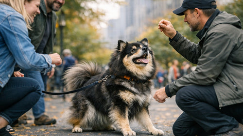 Happy friendly dog learning calm social skills during training