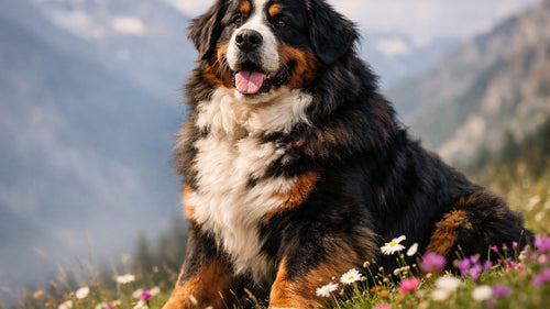 A fluffy Bernese Mountain Dog showcasing the balance between soft fur and powerful build