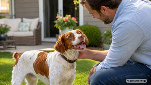 Friendly dog relaxing comfortably at home while adult visitors socialize nearby