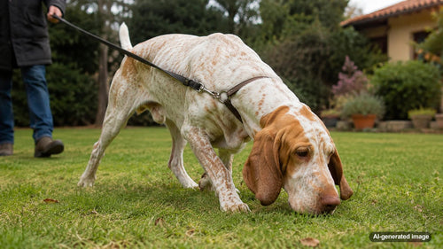 A scent-driven dog exploring a wooded trail during a long, relaxed sniff walk
