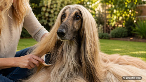 Long-haired dog calmly enjoying an at-home brushing and grooming ritual