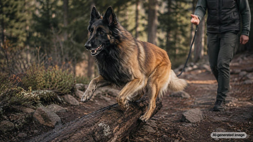 A smart, high-energy dog focused during a training session with enrichment toys nearby