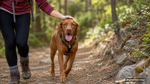Happy hiking dog on a scenic trail with an outdoor-loving dog parent