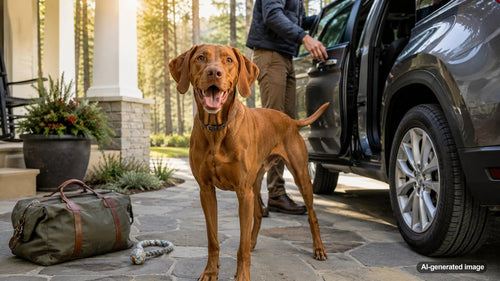 Happy adventure-ready dog enjoying a comfortable car ride with its owner