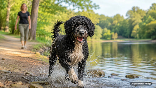 Happy water-loving dog splashing outdoors during water play