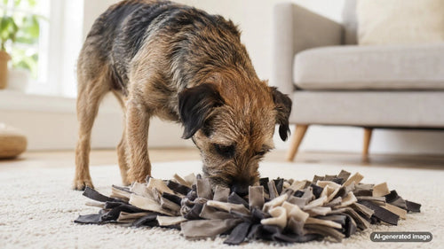 A relaxed dog enjoying a gentle enrichment activity in a quiet home setting