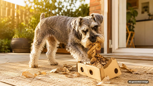 Dog enjoying safe shredding enrichment with cardboard and treats
