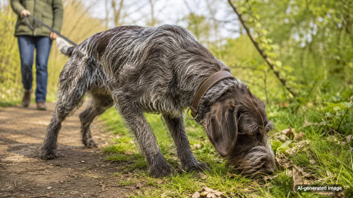 Curious dog using its nose during an outdoor scent enrichment activity