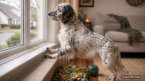 Dog calmly watching the neighborhood from a window during an indoor enrichment routine