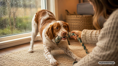 Dog enjoying an indoor rainy day enrichment game at home